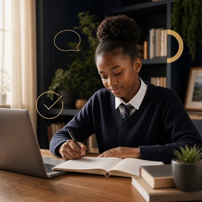 Umfundi weBanga 9 uqedela umsebenzi wokubhala we-Afrikaans FAL eduze kwekhompyutha ephathekayo, amanothi elungele impendulo nenqubekela phambili.