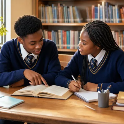 Twee Graad 9-leerders bespreek ’n Engelse Huistaal-uittreksel en vergelyk hul geskrewe idees in ’n skoolbiblioteek.