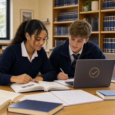 Twee Graad 9-leerders hersien Engelse Huistaal-lees en skryf saam met ’n skootrekenaar, letterkundeboeke en studienotas.