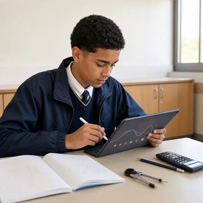 ’n Graad 9-leerder werk deur ’n aanlyn Wiskunde-grafiekaktiwiteit op ’n tablet langs ’n notaboek, sakrekenaar en passer.
